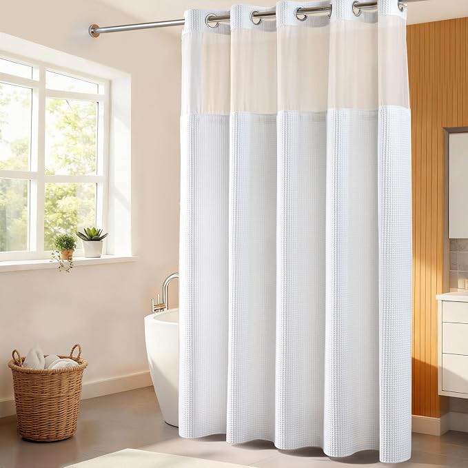 River Dream Cotton Blend Fabric Shower Curtain Set with Liner, White, 71x86 | Waffle Weave, No Hook Needed, with Snap in Replacement Liner, Top Sheer Window, Hotel Quality for Bathroom, Extra Long