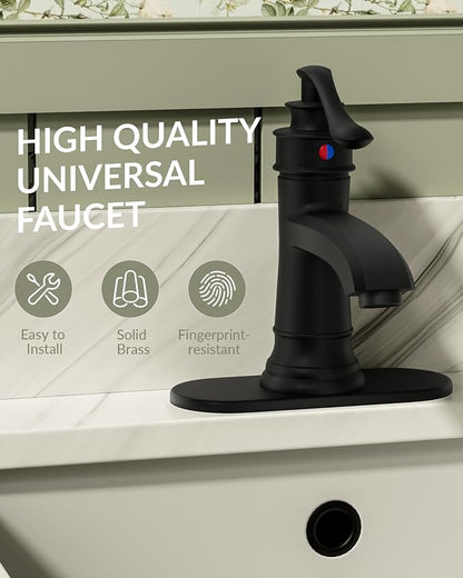 Matte Black Bathroom Faucet Brass Single Handle Bathroom Sink Faucets | Single Hole Farmhouse Faucet Vanity Lavatory RV with Overflow Pop Up Drain Mixer Tap Commcercial Rustic by BATHLAVISH