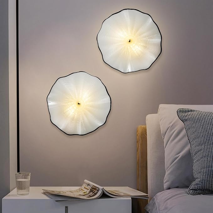 White Glass Wall Light Dia 12" Wall Lamp with Murano Glass Shade Vintage Vanity Lighting Fixture with Metal Base Flush Mount Wall Sconce 2-Light for Bathroom, Bedroom, Bedside, Entryway