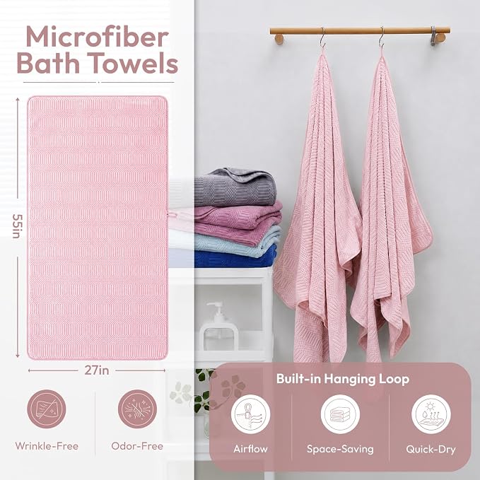 JML Microfiber Bath Towels, 2 Pack, 27x55 in, Cream | Soft, Super Absorbent, Quick Dry, Lint-Free, Lightweight Bathroom Towel with Hanging Loop for Daily Use
