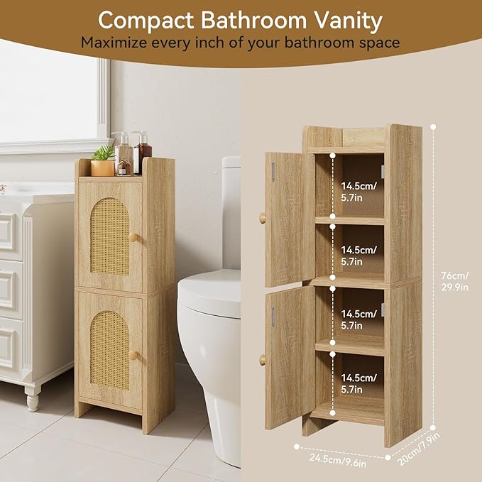 IBUYKE Small Bathroom Storage Cabinet with Rattan Door, Narrow Toilet Paper Storage Holder,Floor Cabinet with Adjustable Shelves, Space-Saving Organizer for Toiletries UWBS001N