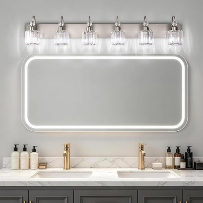Ralbay Crystal Brushed Nickel Vanity Light for Bathroom 6 Light Modern Bathroom Lighting Fixtures Over Mirror
