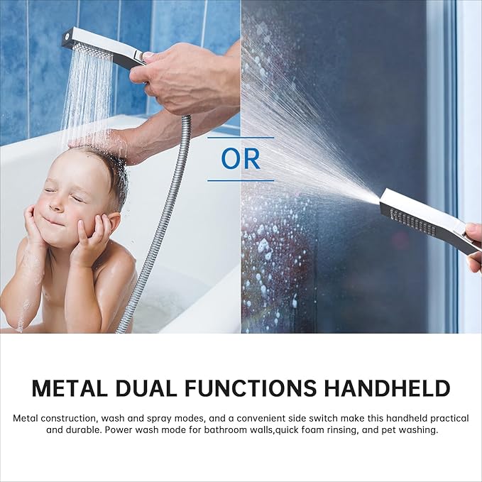 G-Promise All Metal 16 Inches Rainfall Shower Head with Handheld Combo | All Metal, Built to Last, Easy Install, Adjustable Height & Angle for All Heights, Extra Long Hose, Modern Upgrade