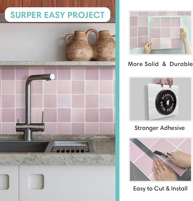 Commomy Thicker Pink Peel and Stick Tiles- 10 pcs of 12" x 12" - 3D Adhesive Square Peel and Stick Tiles Backsplash for Kitchen, Bathroom, Removable, Waterproof, Vinyl Wall Tile