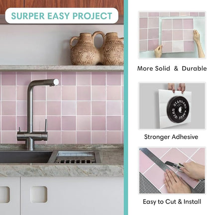 Commomy Thicker Pink Peel and Stick Tiles- 10 pcs of 12" x 12" - 3D Adhesive Square Peel and Stick Tiles Backsplash for Kitchen, Bathroom, Removable, Waterproof, Vinyl Wall Tile