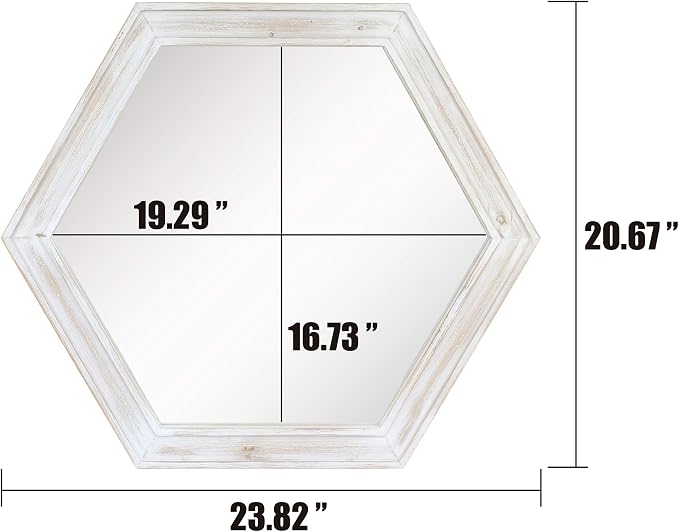 Stonebriar Decorative 24" Hexagon Wall Mirror with Worn White Wood Frame and Attached Hanging Bracket, Decorative Country Rustic Decor for the Living Room, Bedroom, Bathroom, Hallway, and Entryway