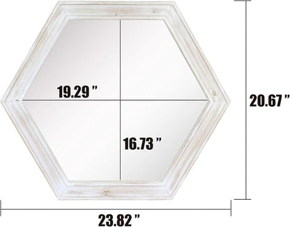 Stonebriar Decorative 24" Hexagon Wall Mirror with Worn White Wood Frame and Attached Hanging Bracket, Decorative Country Rustic Decor for the Living Room, Bedroom, Bathroom, Hallway, and Entryway
