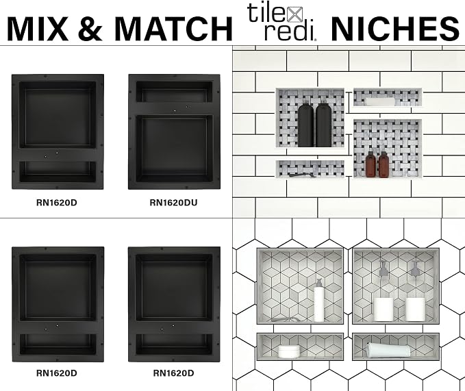 Tile Redi USA Niche Double Recessed Shower Shelf – Black, Two Inner Shelves with Divider, 16-Inch Width x 20-Inch Height x 4-Inch Depth (RN1620D-BI)