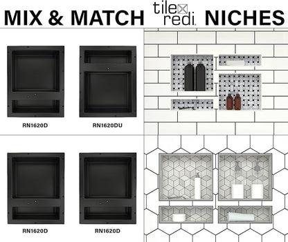 Tile Redi USA Niche Double Recessed Shower Shelf – Black, Two Inner Shelves with Divider, 16-Inch Width x 20-Inch Height x 4-Inch Depth (RN1620D-BI)