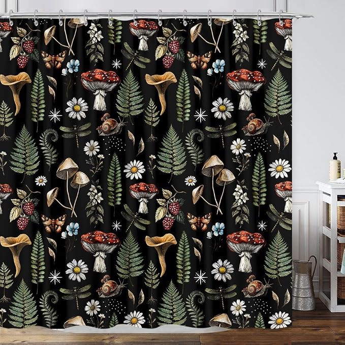 GOAOK Vintage Mushroom Boho Shower Curtain, Magic Fairy Witchy Woodland Nature Plant Shower Curtain Set, Hippie Botanical Floral Aesthetics Fabric Waterproof Shower Curtain 72"x84" Black