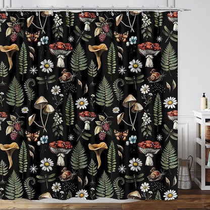 GOAOK Vintage Mushroom Boho Shower Curtain, Magic Fairy Witchy Woodland Nature Plant Shower Curtain Set, Hippie Botanical Floral Aesthetics Fabric Waterproof Shower Curtain 72"x84" Black