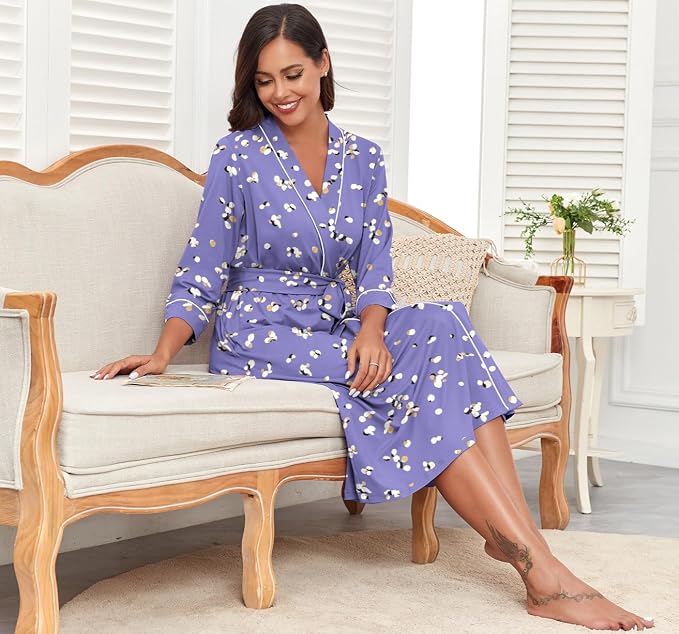 PrinStory Robes for Women 3/4 Sleeve Long Bath Robe XS-4XL | V-Neck Knit Bathrobe with Pockets, Lightweight, Soft, Breathable Robes for Shower, Spa, Travel, Home, Party, Nursing