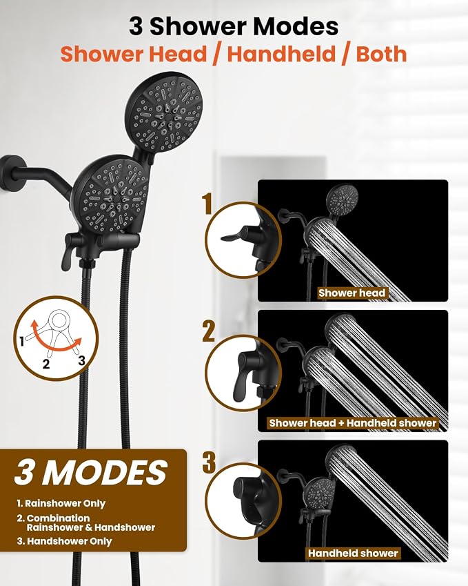 gotonovo Dual Shower Head with Valve 6 Mode Handheld Spray Matte Black | 6 Mode ABS Rain Head with Handheld Spray,2 in 1 Bathroom Trim Kit,Shower Head and Handle Set,Brass Rough-in Valve,Wall Mount