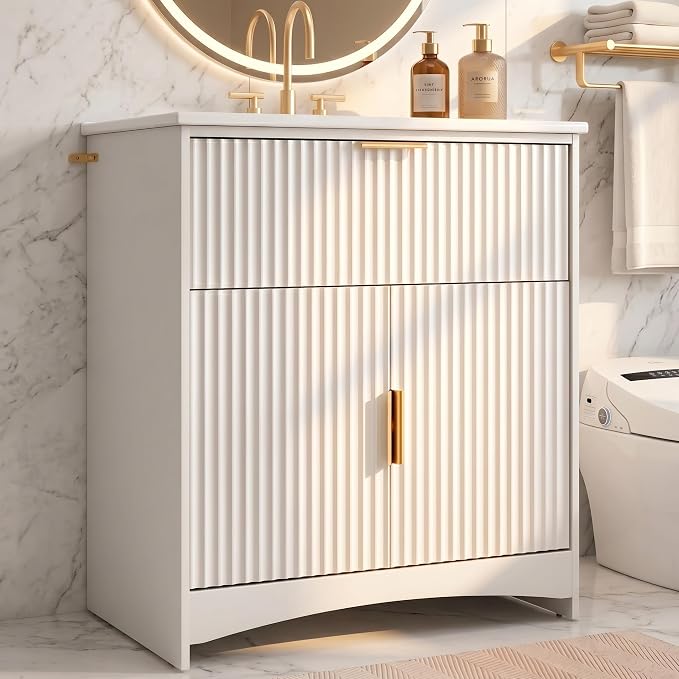 Marsail 30 Inch Bathroom Vanity with Sink, Wood Bathroom Vanities Modern Fluted Vanity Bathroom Cabinet with Drawer, Freestanding Ceramic Vanity Sinks for Bathrooms, Classic White