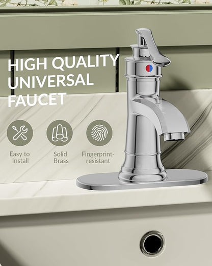 Chrome Bathroom Faucet Brass Single Handle Bathroom Sink Faucets | Single Hole Farmhouse Faucet Vanity Lavatory RV with Overflow Pop Up Drain Mixer Tap Commcercial Rustic by BATHLAVISH