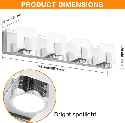 SOLFART Bathroom Vanity Light Chrome Stainless Steel Acrylic LED Bathroom Light Fixtures Over Mirror 4 Lights ND