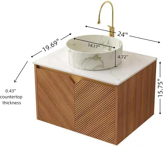 24 Inch Bathroom Vanity with Sink, Floating Fluted Vanity with Vessel Sink, Modern Wall Mounted Bathroom Vanity Cabinet with 2 Doors, White Marble Ceramic Sink & Sintered Stone Top, Oak