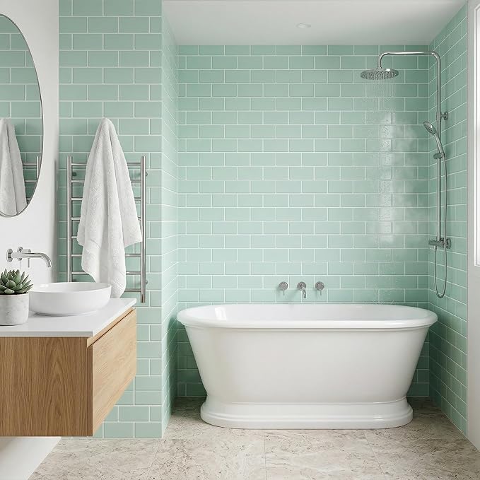 Arttown Peel and Stick 3D Wall Backsplash, 20-Sheet, 12" × 12" Aqua Green | Subway Tiles Self Adhesive Thicker Design Wall Tile Panel Wallpaper for Bathroom Balcony Kitchen