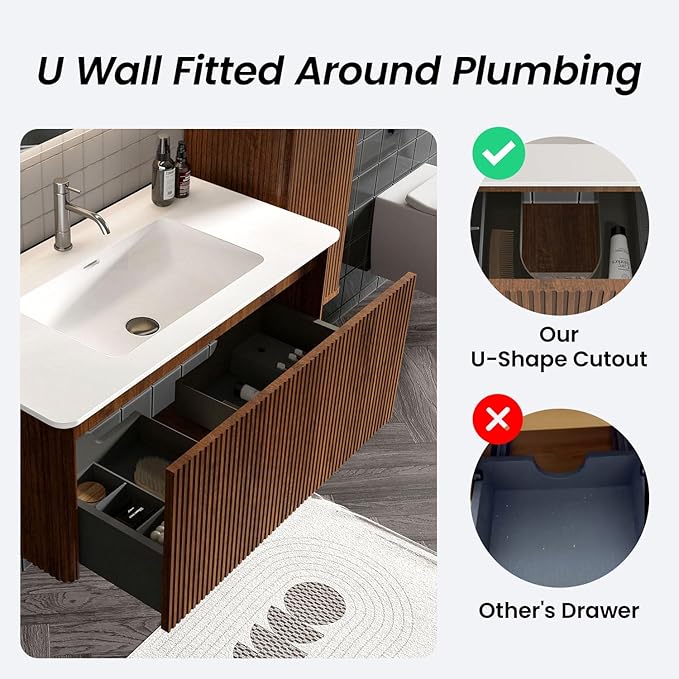 36" Bathroom Vanity with Sink, Modern Floating Vanity with Push Open Soft Close Drawer, Large Storage for Bathroom, Hotel, Walnut, Fully Assembled - Camellia Collection