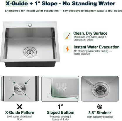 19 x 17 inch Bar Sink, Drop-in Tight Radius Brushed Stainless Steel Topmount Kitchen Sink Single Bowl