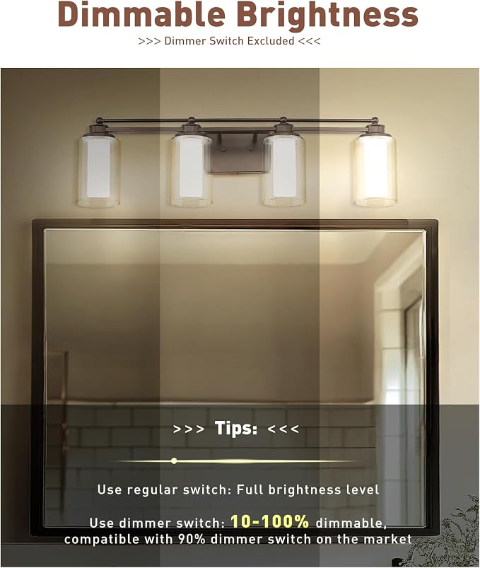 HWH Bathroom Light Fixtures 4 Lights, Clear Glass, 5CCT, 5HLT63B-4W-LED ORB | Dimmable, Oil Rubbed Bronze, 24W, Bathroom Vanity Light Over Mirror, Vanity Lights, Smooth LED Brightness Adjustment
