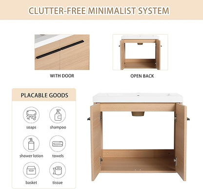 24" Floating Bathroom Vanity,24 Inch Bathroom Vanity with Sink,Single Sink Wall Mounted Vanity Combo,Brown Wall Mounted Cabinet Set