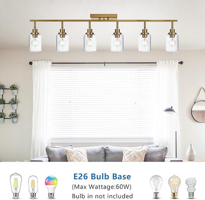 MELUCEE 6 Light Bathroom Vanity Light Fixtures Multi-Directional Rotating Track Lighting Kit Brass, Ceiling Spotlight Fixture for Kitchen Foyer Bath, Clear Glass Shade
