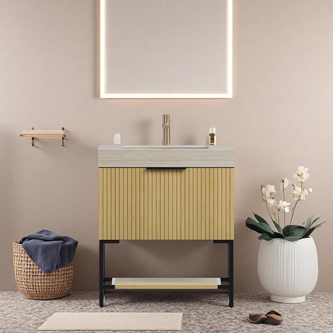 30" Freestanding Bathroom Vanity with Sink, Bathroom Vanity with Sintered Stone Top & Undermount Ceramic Basin, Pre-Assembled Striped Bathroom Storage Cabinet with Drawer & Open Shelf, Oak