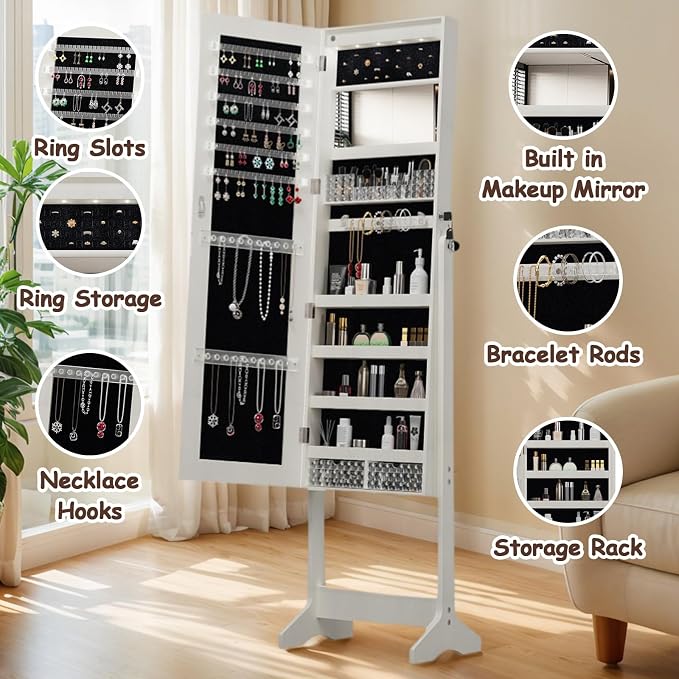 HRVEOCEI LED Mirror Jewelry Cabinet Standing, 63inch Lockable Jewelry Armoire Cabinet Standing with Storage Shelves, Full Length Mirror with Storage for Woman Girl Gift (63Inch White)