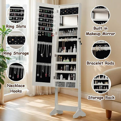 HRVEOCEI LED Mirror Jewelry Cabinet Standing, 63inch Lockable Jewelry Armoire Cabinet Standing with Storage Shelves, Full Length Mirror with Storage for Woman Girl Gift (63Inch White)
