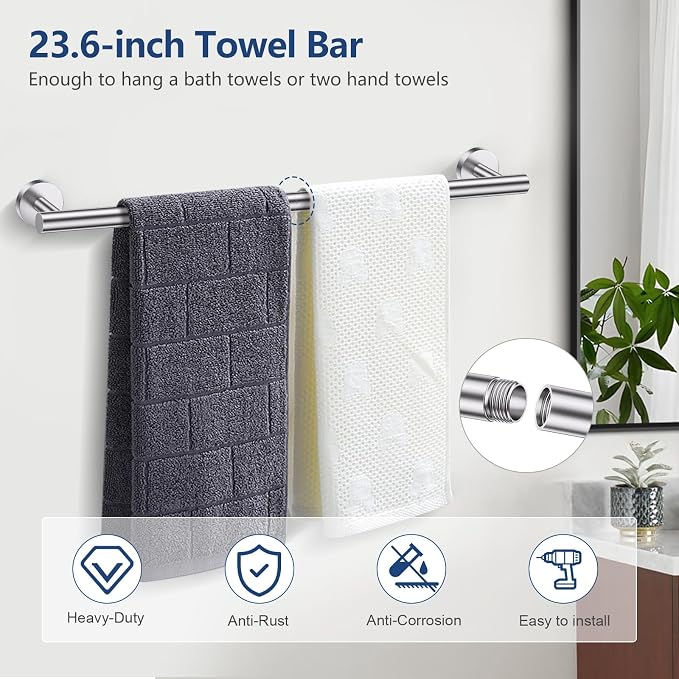 TQKAG 5 Piece Towel Bar Set, 23.6 Inch Brushed Nickel Bathroom Accessories | SUS304 Stainless Steel, Brushed Nickel Toilet Paper Holder with Shelf, Towel Racks for Bathroom Wall Mounted, Towel Bars
