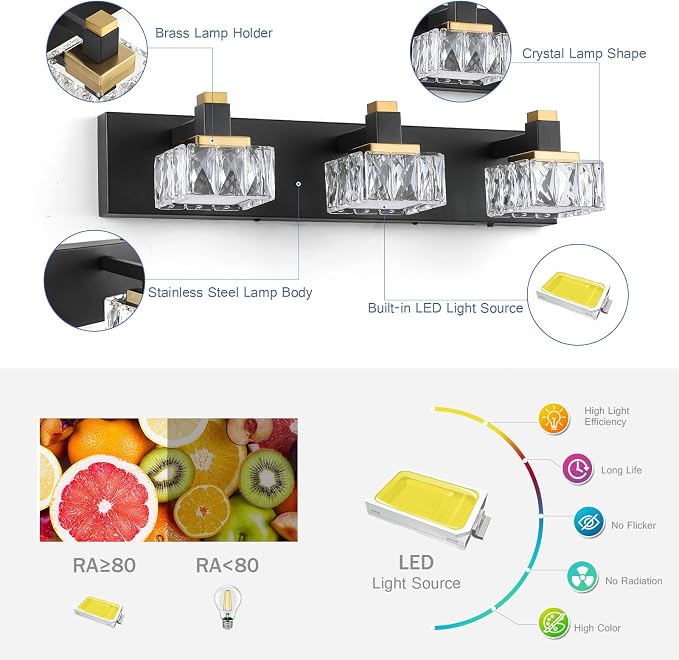 Bathroom Vanity Lights Over Mirror,3-Light Dimmable 5CCT Led Vanity Lights Black Gold Crystal Wall Sconce Lighting 22.05 inches Modern Vanity Light for Bathroom,Bedroom,Living room.(3000K-6000K）