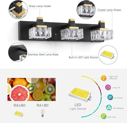Bathroom Vanity Lights Over Mirror,3-Light Dimmable 5CCT Led Vanity Lights Black Gold Crystal Wall Sconce Lighting 22.05 inches Modern Vanity Light for Bathroom,Bedroom,Living room.(3000K-6000K）