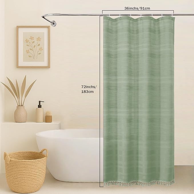 Small Stall Shower Curtain - Linen Textured Bathroom Curtain with Boho Tassel, Heavy Duty Farmhouse Bath Decor for RV Camper, Machine Washable, 36Wx72L Inches, Light Green