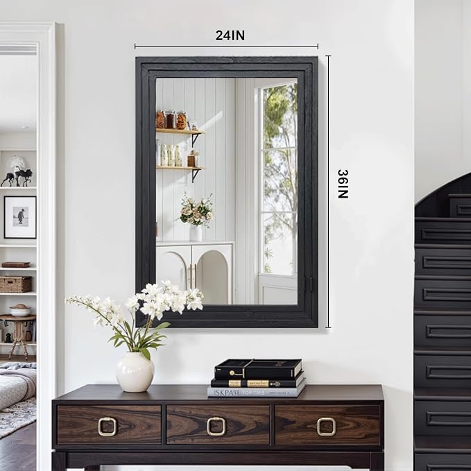 Farmhouse Rustic Wood Framed Bathroom Vanity Mirror for Wall, 24x36, Black | Recessed Stepped Solid Wood Frame, HD Shatterproof Glass, Vertical/Horizontal Mount, for Bathroom Sink, Living Room, Entryway