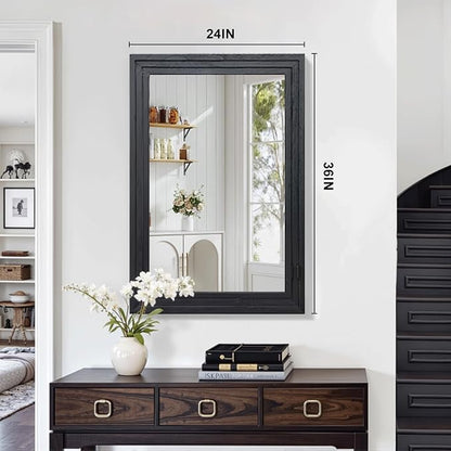 Farmhouse Rustic Wood Framed Bathroom Vanity Mirror for Wall, 24x36, Black | Recessed Stepped Solid Wood Frame, HD Shatterproof Glass, Vertical/Horizontal Mount, for Bathroom Sink, Living Room, Entryway