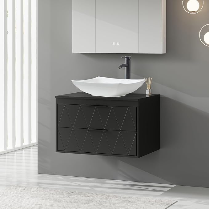 eclife 30" Floating Bathroom Vanities with Sink Combo, Wall Mounted Modern Cabinet W/Diamond Line Pattern Design, White Curved Ceramic Vessel Sink W/Water Save Faucet & Pop Up Drain, Black