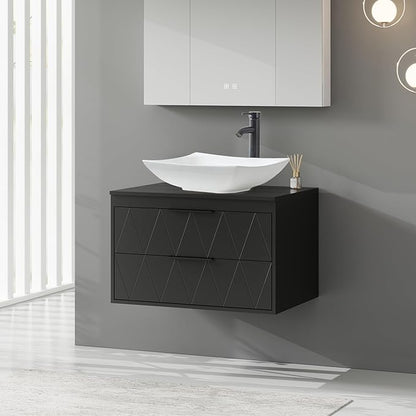 eclife 30" Floating Bathroom Vanities with Sink Combo, Wall Mounted Modern Cabinet W/Diamond Line Pattern Design, White Curved Ceramic Vessel Sink W/Water Save Faucet & Pop Up Drain, Black