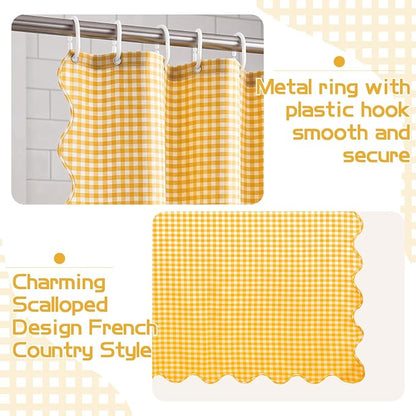 HunnmingRe Scalloped Gingham Shower Curtain Yellow | 72'' x 72'' Vintage Farmhouse Curtain, Cotton Cottage Core Rural Checkered Plaid Decor, Fall Shower Curtain for Bathroom