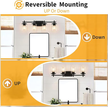 4-Lights Matte Black Bathroom Light Fixture, Modern Black Vanity Lights Over Mirror with Clear Glass Shade, Bathroom Wall Mounted Lamp for Mirror Living Room Hallway Cabinet