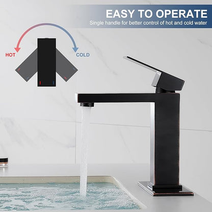 Oil Rubbed Bronze Bathroom Faucet, Single Hole Vanity Bath Faucet, Single Handle Modern Stainless Steel Bathroom Faucets for Sink 1 Hole with Pop Up Drain Stopper & Water Supply Hoses