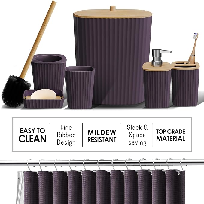Clara Clark Bathroom Set, Shower Curtain Set and Shower Caddy Hanging | 25 Piece Purple Bathroom Accessories Set with Toothbrush Holder, Soap Dispenser, Soap Dish, Toilet Brush, and Trash Can