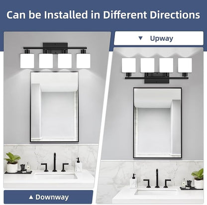 SILAMPDI Black Bathroom Light Fixtures Over Mirror, 4-Light Vanity Lights for Bathroom, Modern Wall Sconces Lighting for Bedroom Living Room, Milky White Glass Shades, E26 Base, Bulbs Not Included