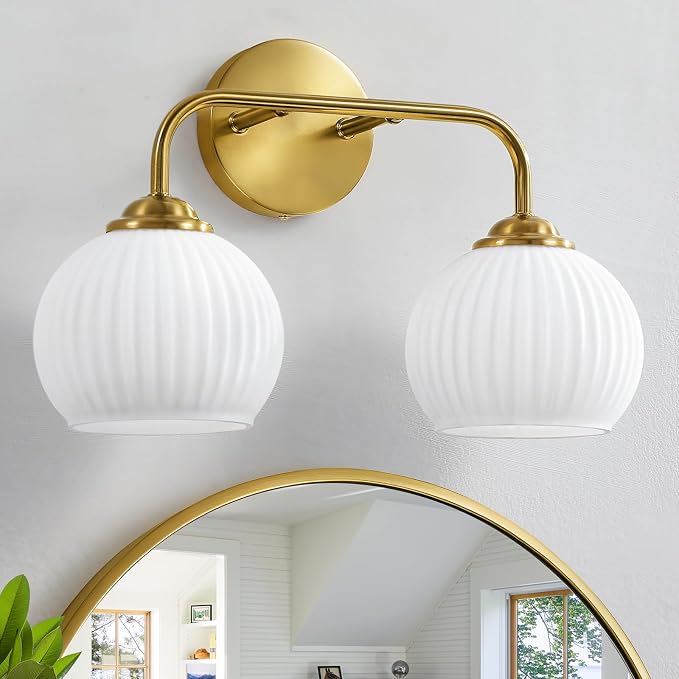 RUIYEY Bathroom Vanity Light Fixtures: 2-Lights Gold Bathroom Lighting Fixtures Over Mirror, 15.9" Mid-Century Modern Wall Sconces with Ribbed Lantern Frosted Glass Shade for Kitchen Bedroom Restroom