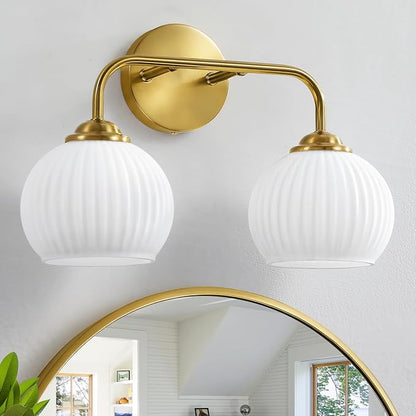 RUIYEY Bathroom Vanity Light Fixtures: 2-Lights Gold Bathroom Lighting Fixtures Over Mirror, 15.9" Mid-Century Modern Wall Sconces with Ribbed Lantern Frosted Glass Shade for Kitchen Bedroom Restroom