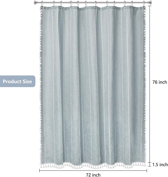 Seenus 72 x 76 inch Extra Long Boho Chic Shower Curtain Heavyweight with Tassels, Soft Linen Textured Fabric Farmhouse Shower Curtain, Misty Blue Elegant Bathroom Decor Curtain Water Repellent