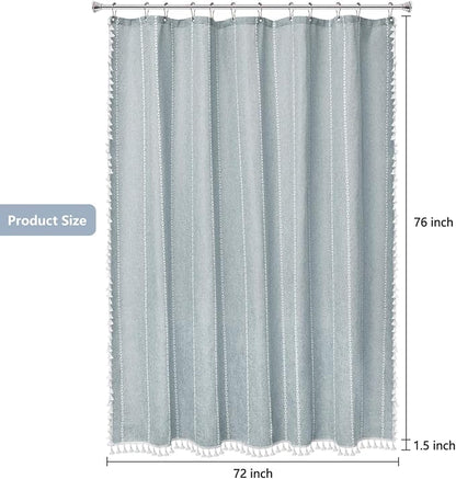 Seenus 72 x 76 inch Extra Long Boho Chic Shower Curtain Heavyweight with Tassels, Soft Linen Textured Fabric Farmhouse Shower Curtain, Misty Blue Elegant Bathroom Decor Curtain Water Repellent