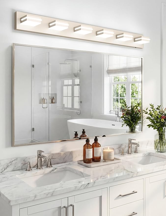 VOLISUN Modern Bathroom Vanity Light Fixtures (6-Light, 48-Inch), Brushed Nickel LED Bathroom Light Fixtures Over Mirror, 360°Rotatable Head, LED Vanity Lights for Bathroom (Cool White 6000K)