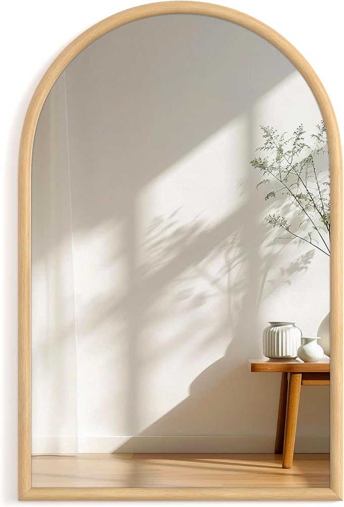 24"x36" Arch Wall Mirror for Wall, Wall Mounted Vanity Mirror for Bedroom, Wood Grain Finish Frame Mirror with Tempered Glass, Vintage Decorative for Bathroom, Entryway, Living Room, Natural
