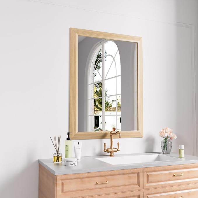 Bathroom Mirror, 24" X32" (Oak Wood Grain) | Metal Frame Mirror for Wall, HD Reflection, Anti-Rust, Horizontally/Vertically, Suitable for Bathroom, Farmhouse, Entryway